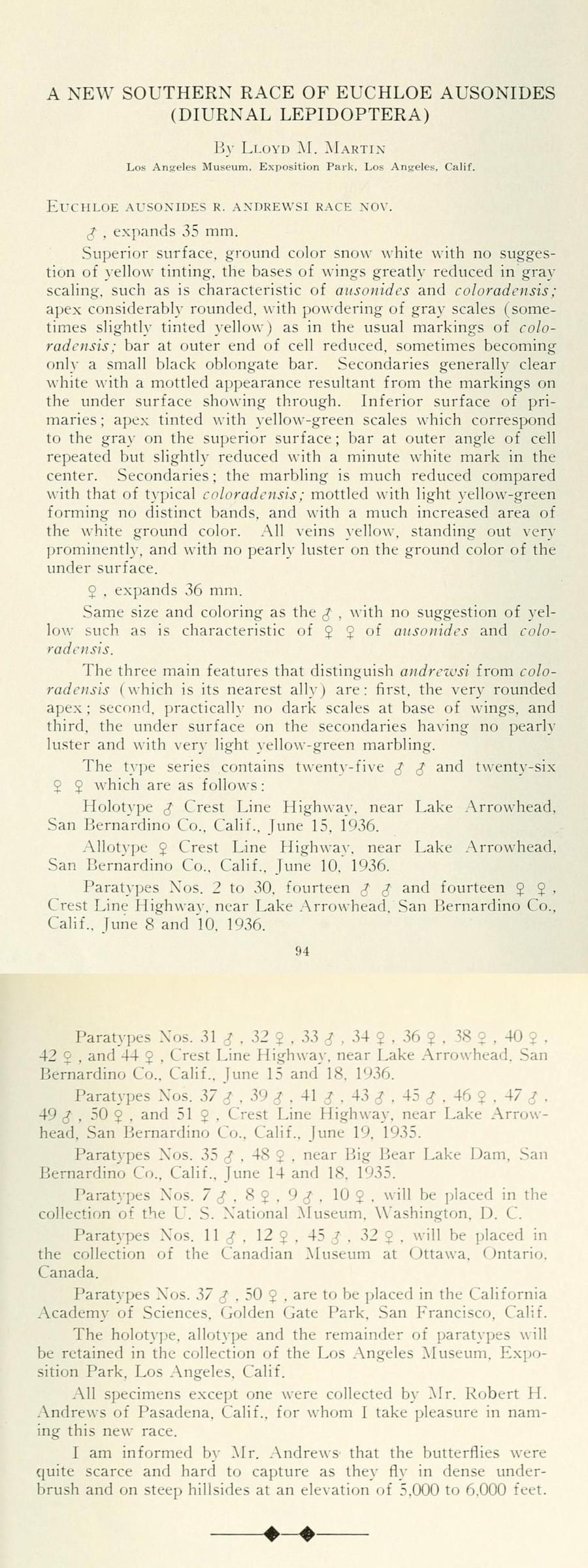 Original description of Euchloe (hyantis) andrewsi by Lloyd Martin in 1936
